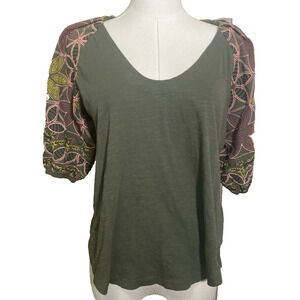 Anthropologie Maeve Green Embroidered Puff Sleeve Top Boho Cotton XS